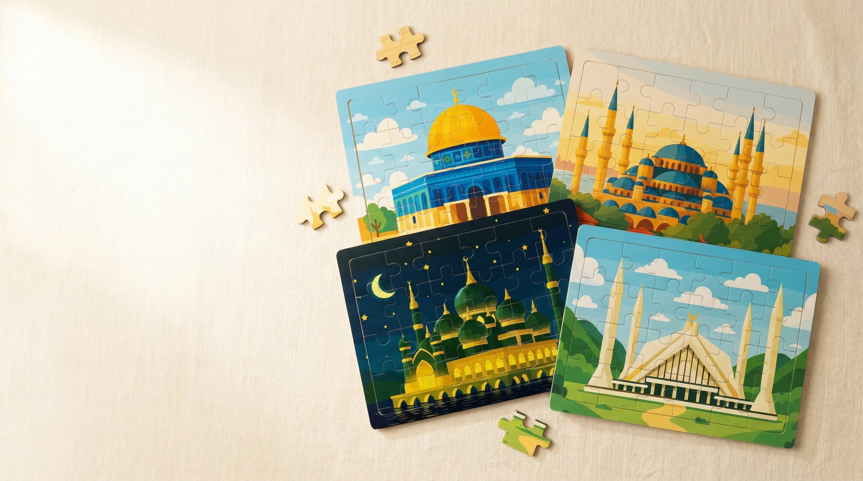 <h2>Build iman, taqwa, and </h2><h2>family bond—</h2><h2><em>one puzzle at a time.</em></h2>